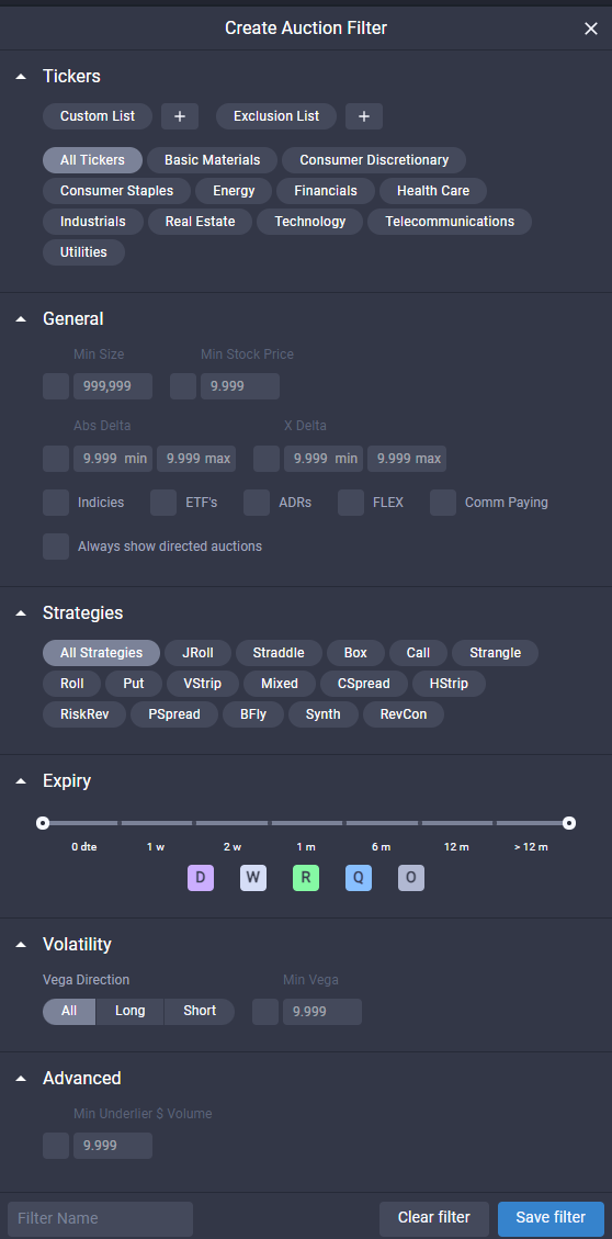 Auction Filter Menu