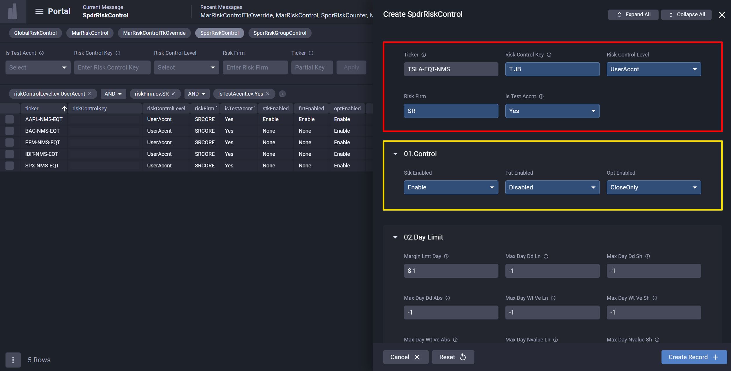 SpdrRiskControl control panel