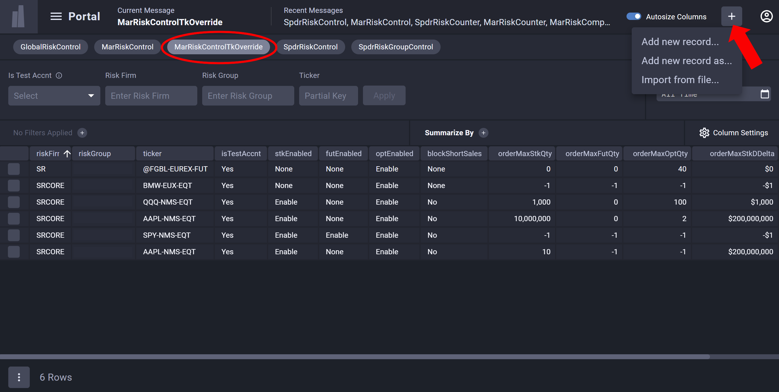 Adding a MarRiskControlTkOverride record