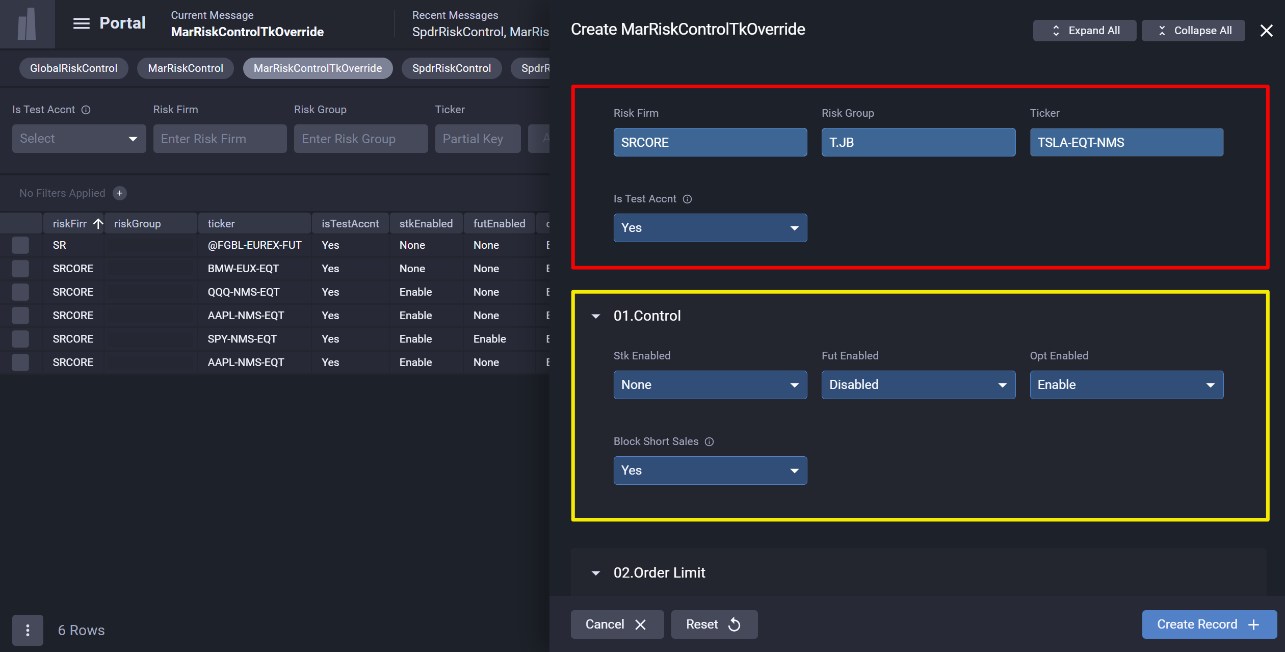 MarRiskControlTkOverride controls