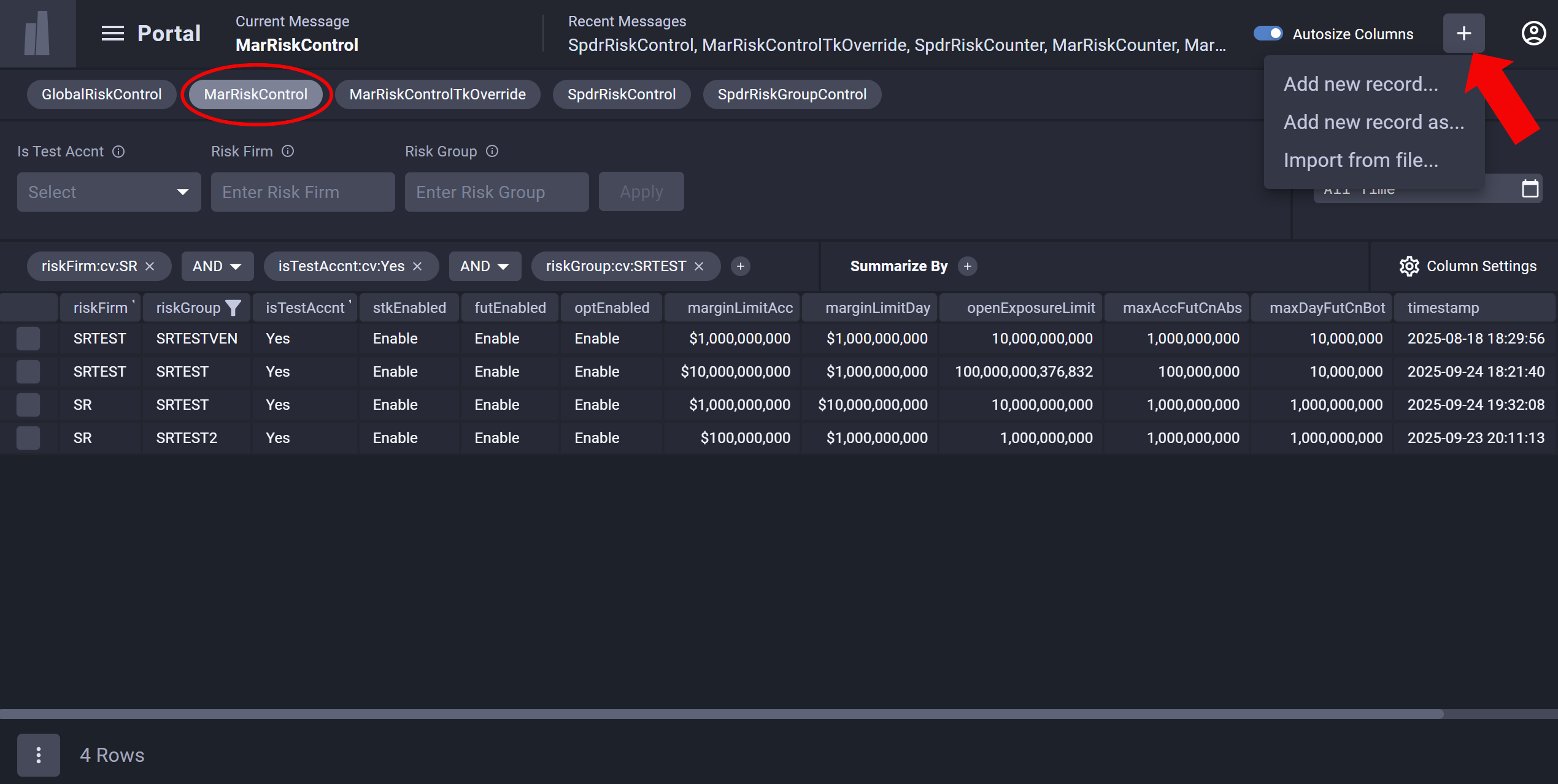 Adding a MarRiskControl record